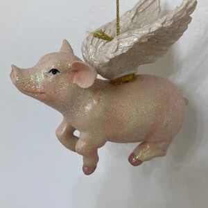 Flying Pink Glitter Pig Ornament With White wings
